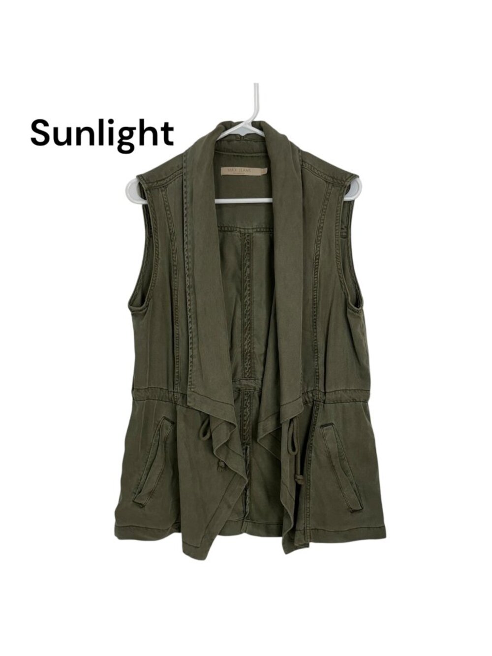 Max Jeans Olive Green Sleeveless Vest Waterfall Collar Adjustable Waist Womens M